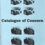 "Catalogue of concern" zine cover. Black and white small photographs of a man in a scarf face covering and an abstract composition. Light blue background. Black printed text title.
