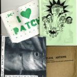 Colour photograph of "Click Artzine" components: black and white photograph od a fish, black line illustration on a light green background, a fabric patch with "I heart patch" green text. Packing paper bag with printed text zine title.