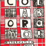 Black, white and red "Collaborama" zine cover. Hand drawn text only cover. Each letter drawn in a separate tile.