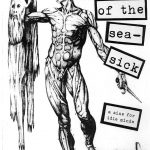 Black and white "Fortunes of the seasick" cover. Anatomical illustration of a skinless human figure. The skin held in a raised figure' s hand. Typewriter font title.