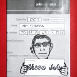Black and white "Gissa job" zine cover. Photocopy of a job centre application with a drawing of a boy holding the zine title banner.