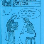 'A music paper' colour zine cover, mainly bright blue. Black line illustration of two people talking.