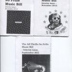 Black and white "All the thrills no frills music bill" covers of three 2012 issues. Bold text title. Small photo or drawing on each cover.