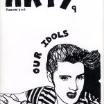 Black and white "Arty" February 2003 issue zine cover. Illustration of Elvis Presley. Big handwritten title in bold capital letters at the top of the cover.