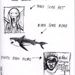 Black and white "Arty" issue 18 zine cover. Handwritten text and illustrations of a shark, "Scream" by Munch and woman's face.