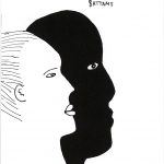 Black and white "Battams" 2010 zine cover. Illustration. Profile of a person casting black shadow. Handwritten title in small capital letters.
