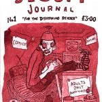 Colour, mostly white and red "The bedsit journal" zine cover. illustration. Person sitting in a cramped space surrounded by their belongings such as shoes, radio, TV, book and a coffee mug.
