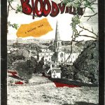 Black and white with some elements in dark red "Bloodville" zine cover. Photograph of a small city from a distance. A historical building in the center. Handritten bold text title in blood red.