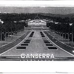 Black and white "Canberra" zine cover. Photocopied photograph of Australian parliament in Canberra. Bold printed text title in white. Typewriter font used in the side text.