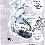 Black and white "Candy heart felt" issue 7 zine cover. Cut and paste anatomical illustration of a heart. Handwritten title also cut and paste and running across the heart.