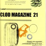 "Clod magazine" issue 21 cover. Black text on cream paper with blue, green and orange stamps of leaves and abstract shapes.