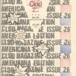 "Clod magazine" issue 26 cover. Black, red and blue elements. Light pastel background. Bold printed text title in stamp like font repeated 8 times.