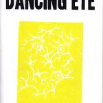 "Dancing eye" zine cover. Black bold printed text title. An abstract, neon yellow illustration in the centre of the page. White background.