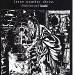 Black and white "Hoax" issue 3 cover. Illustration of a woman wearing long dress and cooking over a fireplace in a hut.