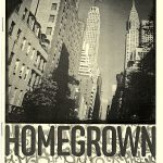 Black and white "Homegrown" zine cover. Photograph of the highrise buildings in New York. Bold printed title over the graffity background.