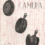 Mostly black and white "I am a camera" issue 13 cover. Red outline drawings of the vintage clock hands made into a patterned background. Three photographs of a vintage pocket watch in different stages of its lid being opened.