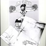 Black and white "Jimi Gherkin" zine covers - selection of three. Illustration of bearded man cheerleading on one of the covers. Two other covers are white and quite plain with some black elements, close up photographs of cracked walls.