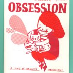 Red and white "Obsession" zine cover. Illustration of a girl holding two cats. Bold hanwritten title.