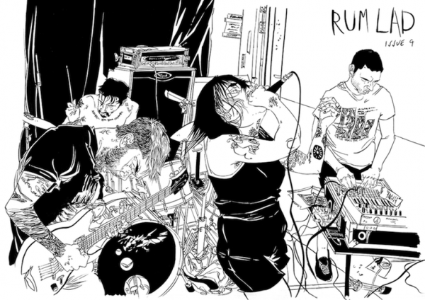 'Rum lad' issue 9 zine cover. Black and white illustration of a music band on stage. Female vocalist and male guitarist in front of two other band members.