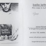 Black and white 'Belle Lettres' zine cover. Photograph of a man holding a copy of the zine. Print font text title.