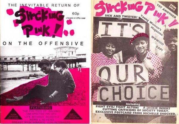 Two black, white and pink "Shocking Pink" covers. Photographs of two people on the beach with a pier in the background, and three women pro-choice protesters.