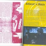 Two pages from Ablaze! zine. One is mostly text, all in pink. Second is also mostly text on a yellow background with a colour photograph of Sonic Youth band.