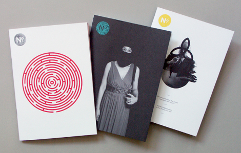 Colour, three 'No.' zine issues. Photograph of a woman in face and head covering, red drawing of a circular labyrinth and collage consisting of photograph of a man smoking pipe and black line flower like symbol over his face.