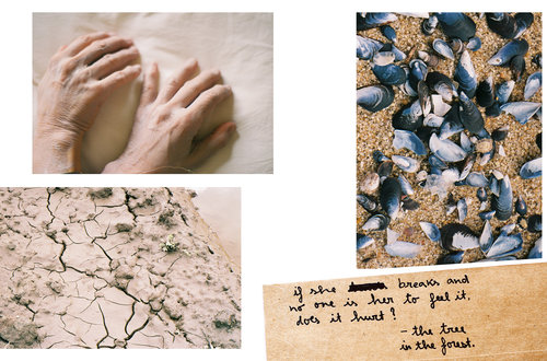 Four colour photographs from 'Good girls rot bad girls too' zine. Couple of hands, shells on sand, dry cracked earth and handwritten note.