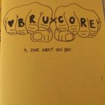 'BruXcore' zine cover. Black line drawing of knuckle tattoos of the zine title. Light orange background.