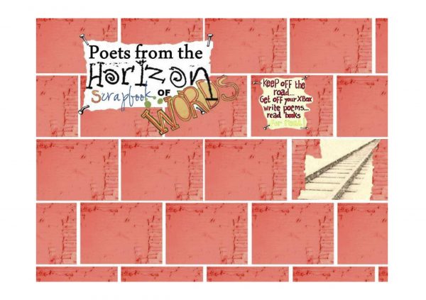 'Poets from the horizon' zine cover. Colour illustration of red brick wall with a few pieces of paper attached to it: a handwritten title, a note and an image of the train rails.