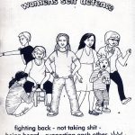 'A zine about womens self defence' black and white cover. Drawing of a group of females of different ages, some in martial art stances.