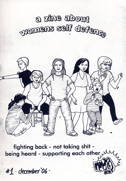 'A zine about womens self defence' black and white cover. Drawing of a group of females of different ages, some in martial art stances.