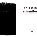 'This is not a manifesto' black and white back and front zine cover. Bold text title on the front cover. Back cover is almost all black with small white text and an illustration of an army at the top of the page.