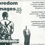 'Boredom images' issue 2 black and white zine cover. Illustration of a shaved head man in trouser braces facing away. Printed bold text title.