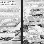Black and white inside of 'Fortunes of the sea-sick' zine. Typewriter font text over a Japanese style illustration of the sea waves.
