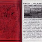 John Marr zine. Black city map on red background on inside cover and black and white page one, text and photograph of a building.