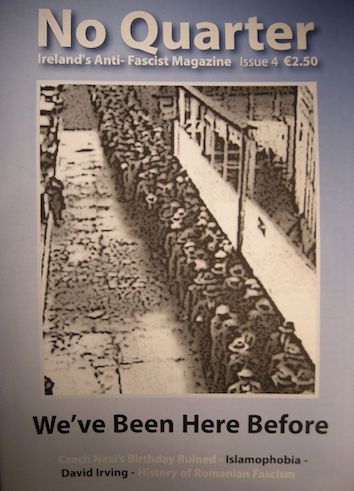 "No quarter" issue 4 zine cover. Black and white photograph of a long line of people, most probably from the second world war time. Bluish frame and white printed title text.