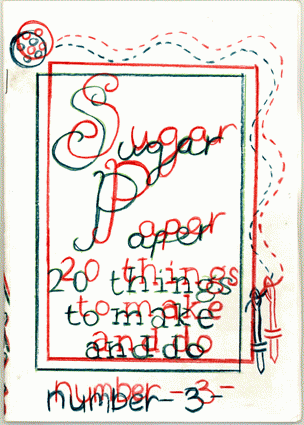 Green and red line drawing of a threaded needle and handwritten 'Sugar paper' zine title. Issue 3 cover.