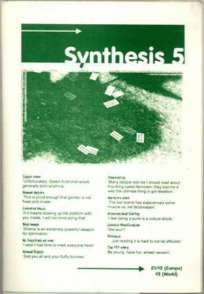 Dark green and white 'Syntesis' issue 5 zine cover. Mostly text too small to read. Bold print font title in white over green photograph that is very dark and indiscernible.