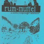 'Rum-muffel' zine cover. Black drawing of a country lane covered with snow and two figures over the handwritten title. Bright blue background.