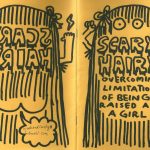 Black line drawings of a imaginary hairy creature on a yellow background. Front and back cover of 'Scary Hairy' zine. Handwritten title in the centre of the page.