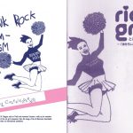 Purple illustration of a girl cheerleader jumping. Two versions of a booklet cover. One with handwritten text in English the other with print font in Japanese.