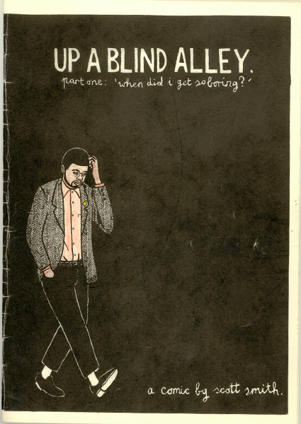 Black and white with light red elements "Up a blind alley" zine cover. Hand drawn illustration and title text. Figure of a man walking scratching his head on a black featureless background.