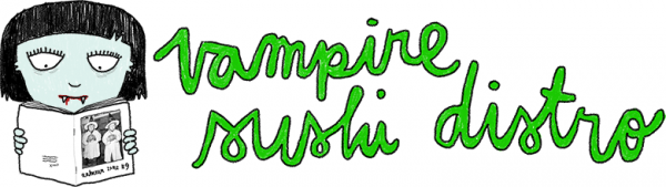 Colour 'Vampire sushi distro' logo. Handwritten text and a small drawing of a vampire girl reading a magazine.