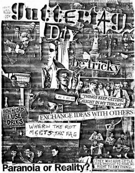 Black and white "Gutterfag" photo-collage zine cover. Cut and paste photos of punk bands. Printed and handwritten text.