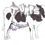 Black and white "Turps" zine cover. Hand drawn illustration of a cow and title text.