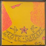 "Zlote garaze" square zine cover on yellow paper of red and black hand drawn and printed illustration and text of possibly a head and shoulders with tattoos.