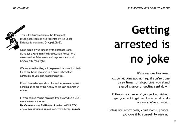 "The defendant's guide to arrest " double page spread, mainly text with a thumbnail black and white illustration of a hand clasping the wrist of a police officer holding a truncheon. 