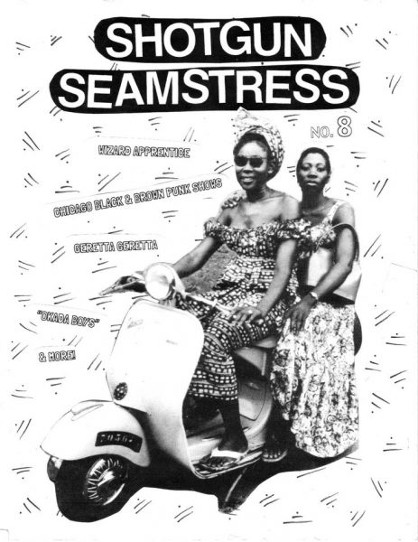 Black and white "Shotgun Seamstress" cover picturing two black women riding a motorcycle
