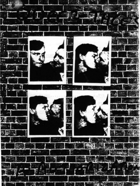 "Queer Tales" cover. Black and white. Four pictures of a gay couple kissing displayed over a wall.